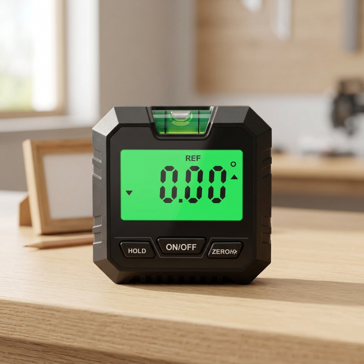 Digital angle gauge with bubble vial standing on a wooden workbench beside a picture frame