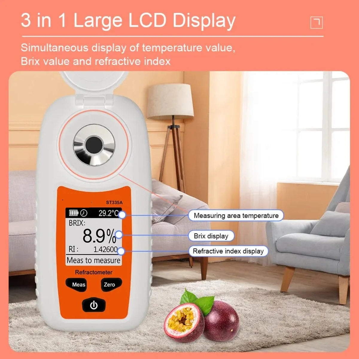 LCD display showing Brix, sample temperature and refractive index with explanatory callouts