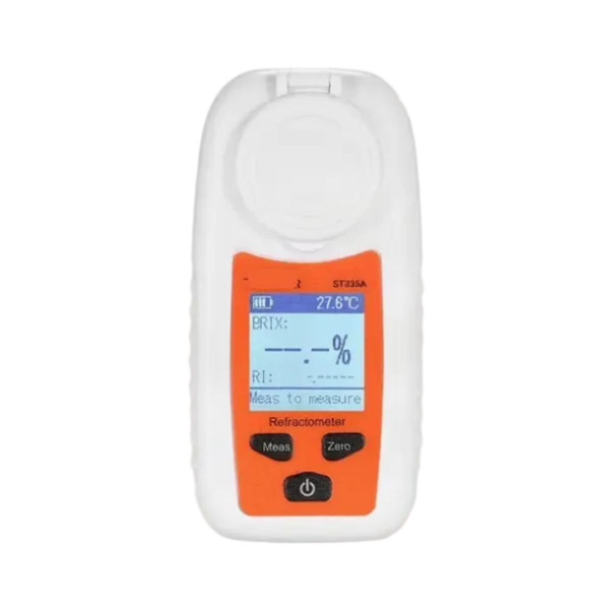Handheld digital Brix refractometer with closed protective cover and original LCD on a white background