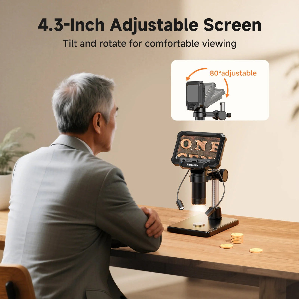 Digital microscope in use at a desk, with an inset showing the adjustable screen angle.
