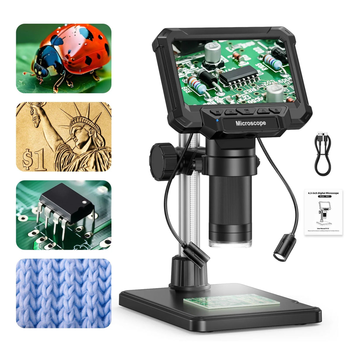 Digital microscope with side lights, USB cable and manual, alongside examples of subjects for close-up inspection.