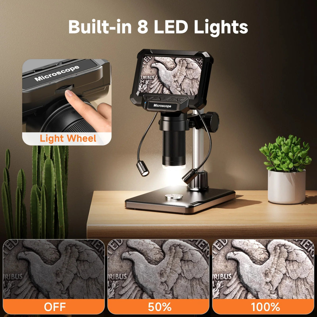 Digital microscope showing the adjustable LED illumination and two flexible side lights.