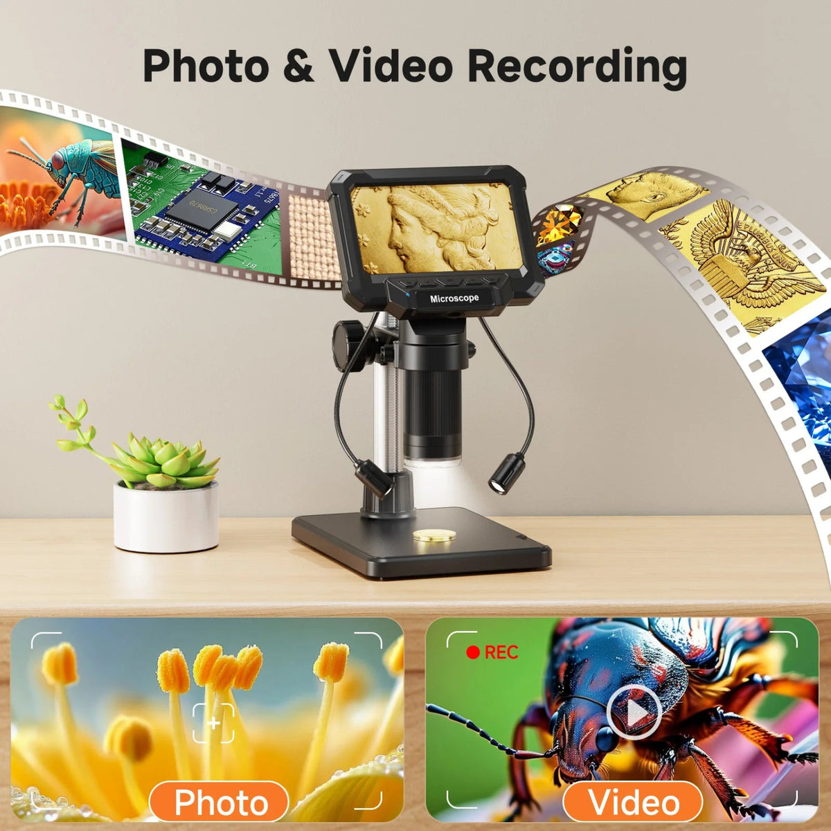 Digital microscope illustration showing photo and video recording functions.