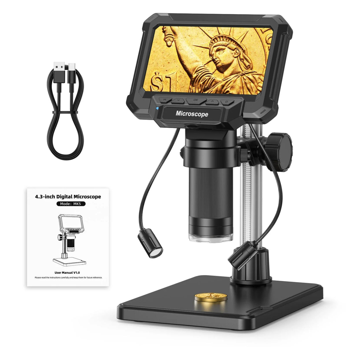 Digital microscope with 4.3-inch screen, adjustable stand, two side lights, USB cable and user manual on a white background.