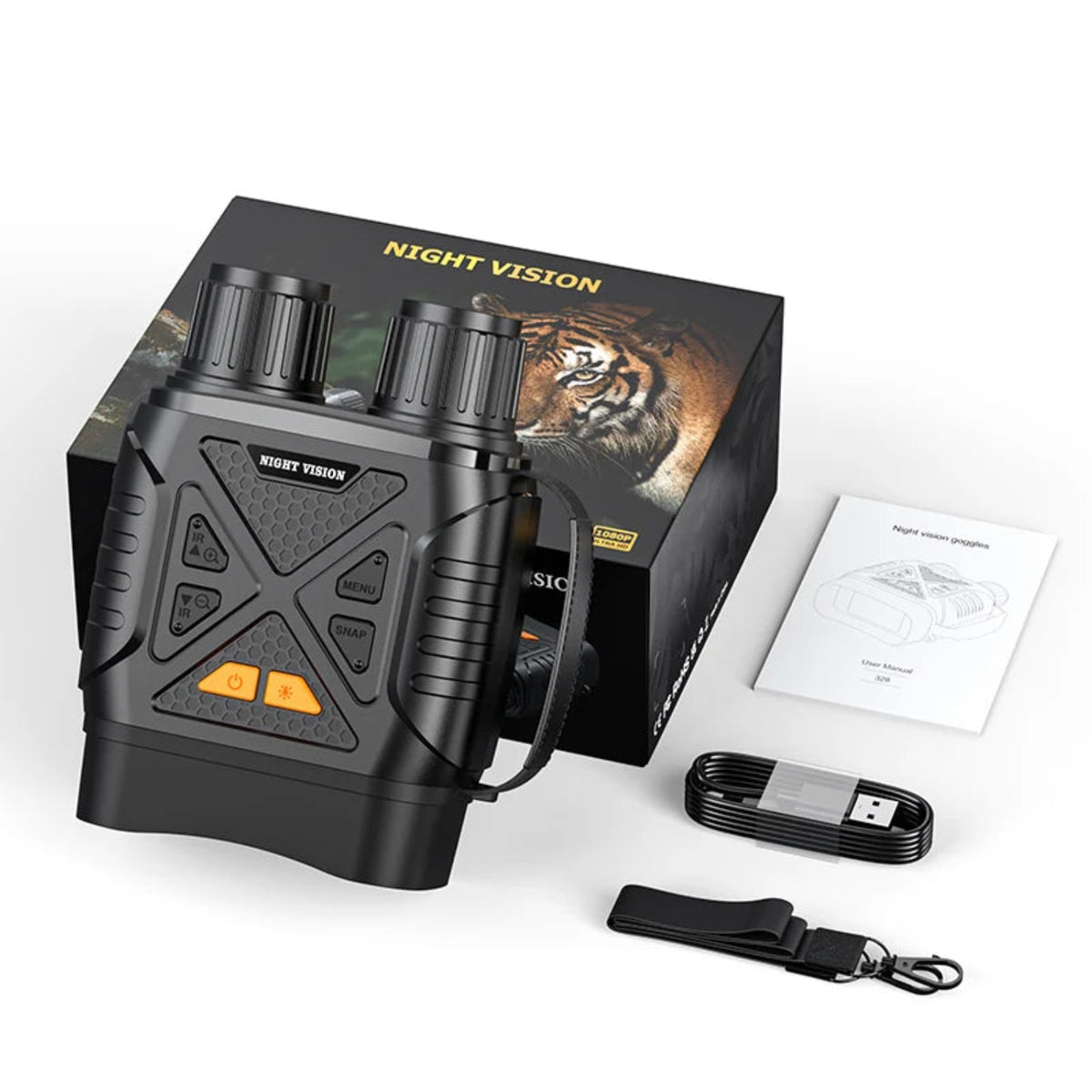 Digital night vision binoculars with charging cable, neck strap, instruction manual and retail box.