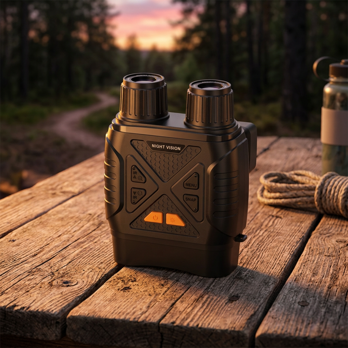 Digital night vision binoculars on a dry wooden outdoor table in evening light.