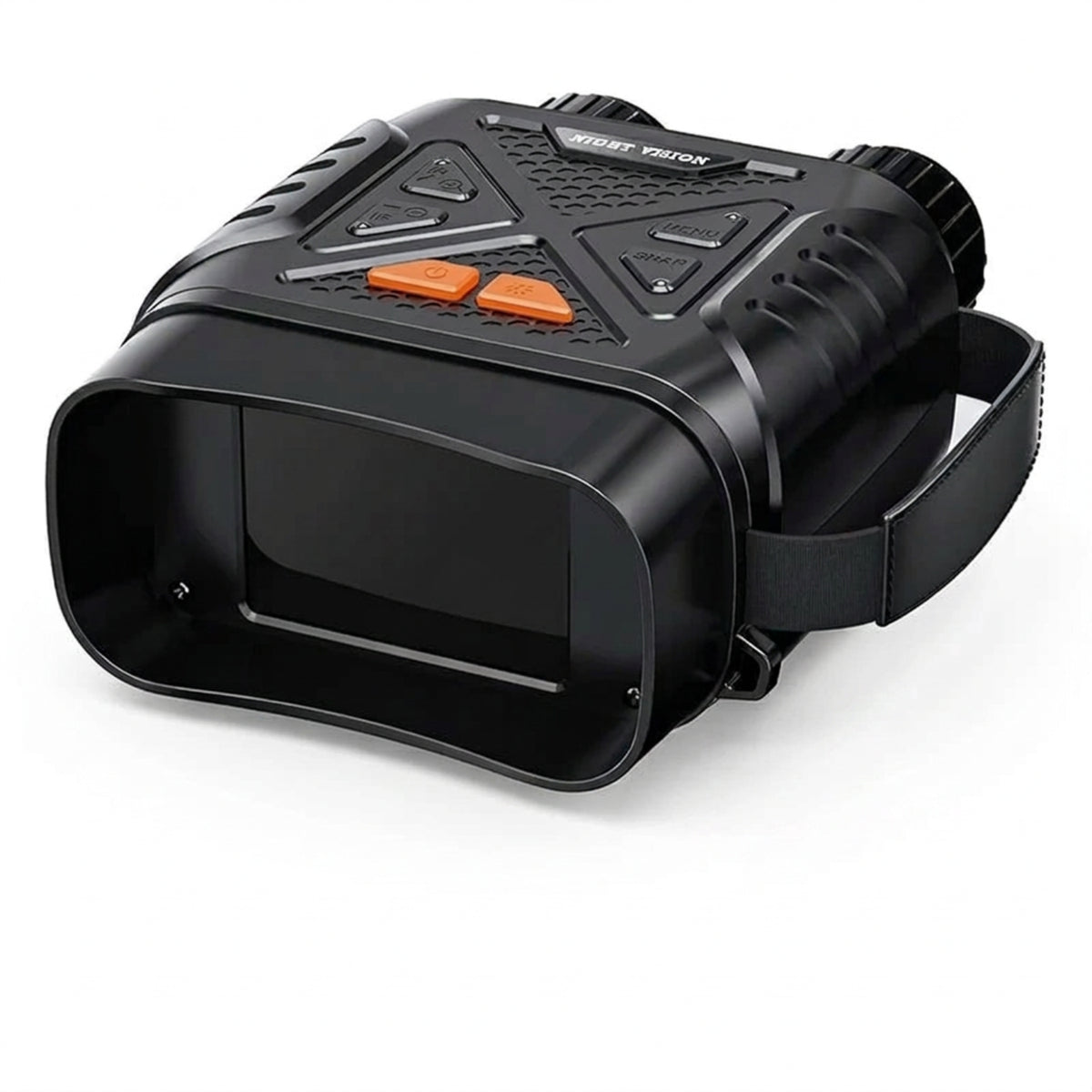 Angled view of the digital binoculars showing the viewing screen, orange controls and attached side strap.