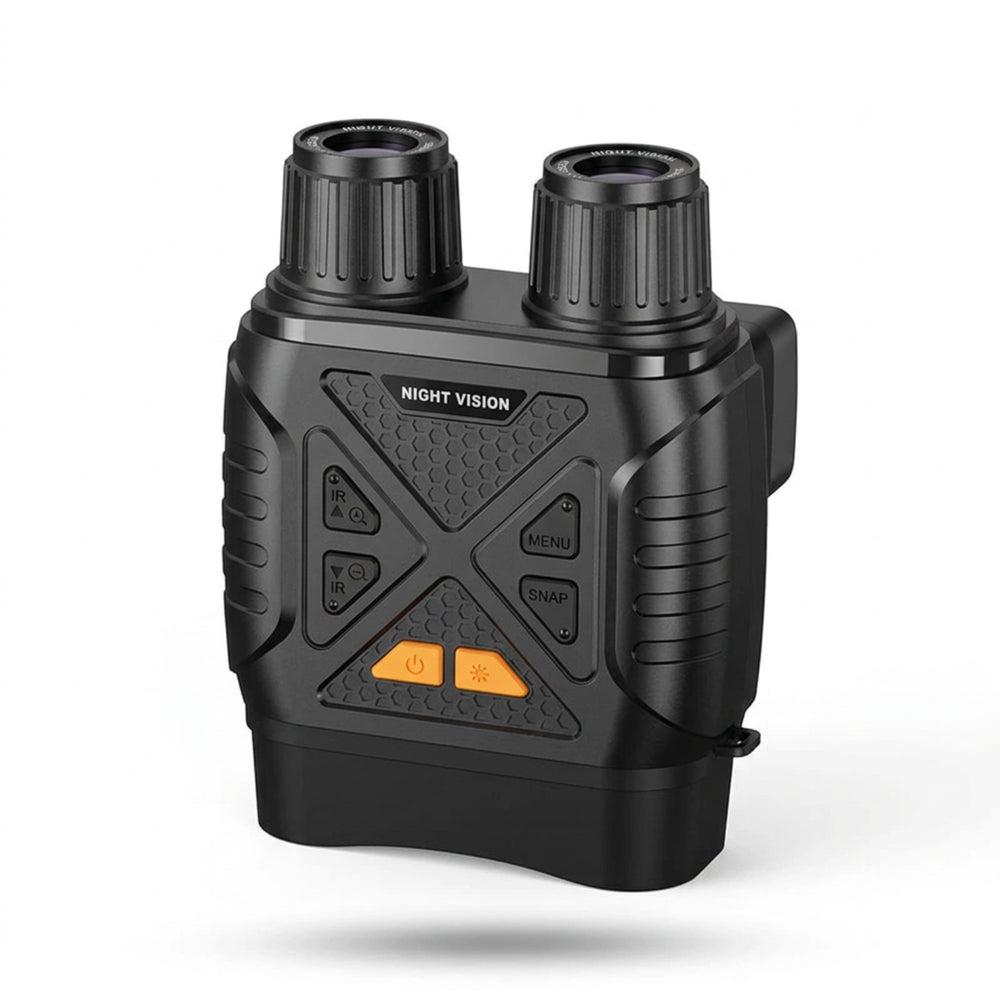 Black digital night vision binoculars with orange controls and adjustable lenses on a white background.