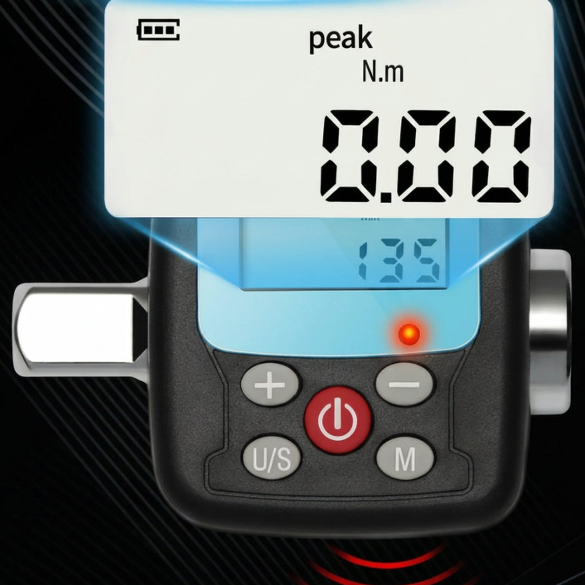 Illustration of the torque adapter backlit display, red LED and audible target alert