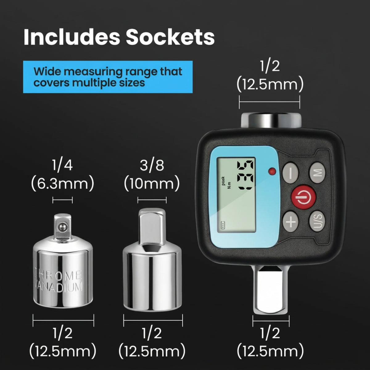 Torque adapter with the included 3/8-inch and 1/4-inch drive adapters