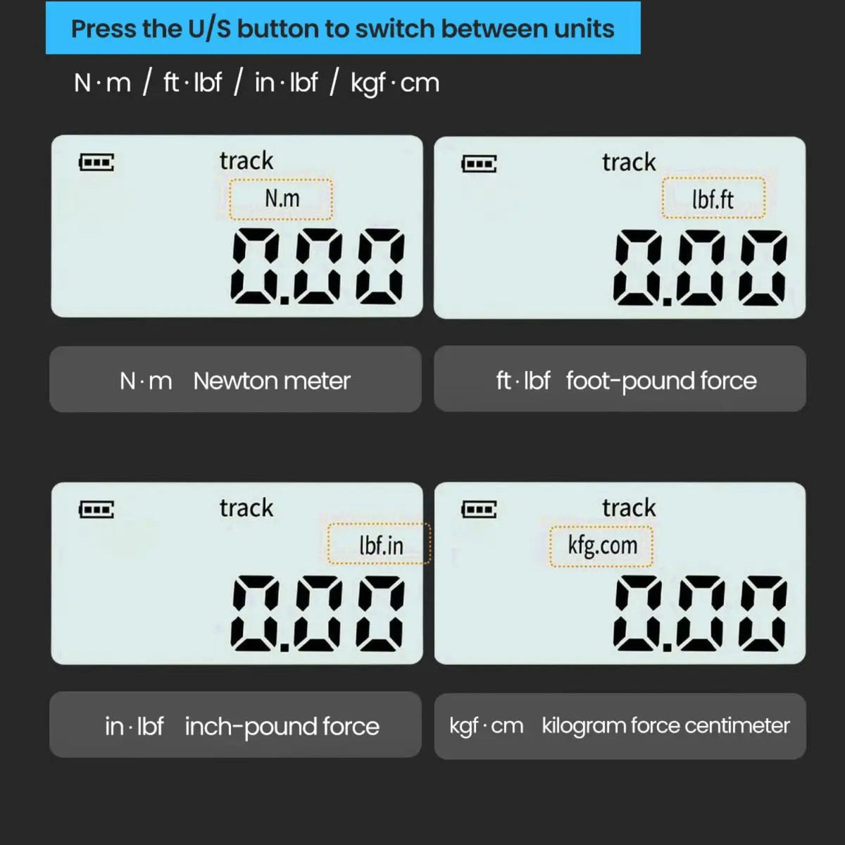 Four selectable torque units shown on the digital adapter display