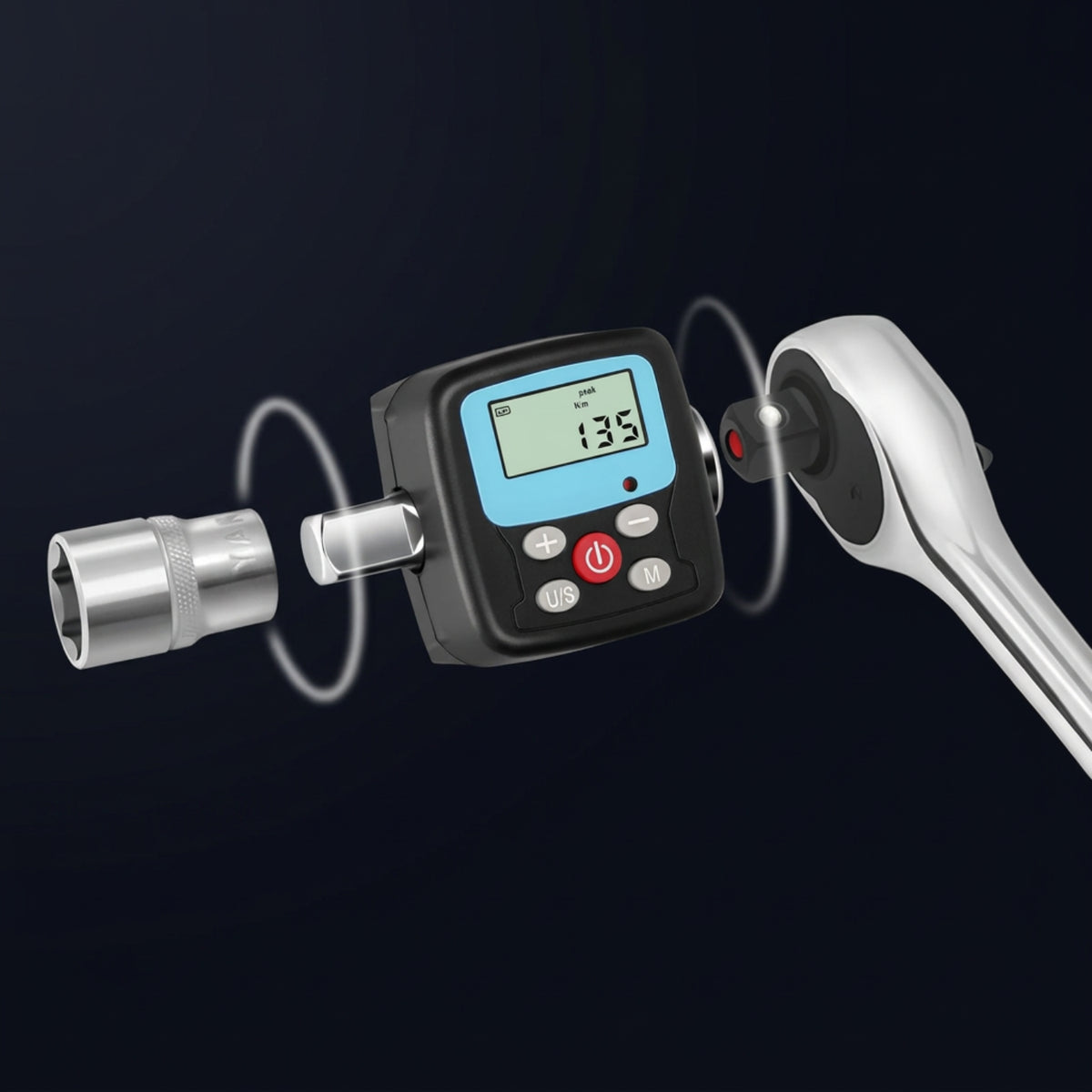 Illustration of the torque adapter connecting a manual ratchet handle to a socket; handle and socket are not included