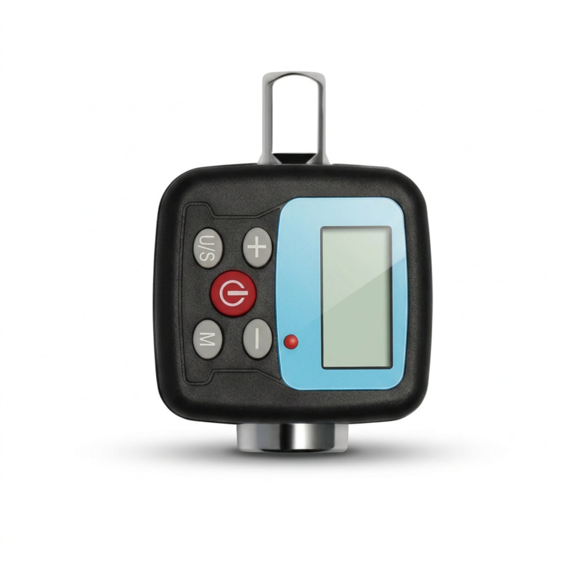 Digital torque adapter with black housing, blue display panel and square drive connectors on white