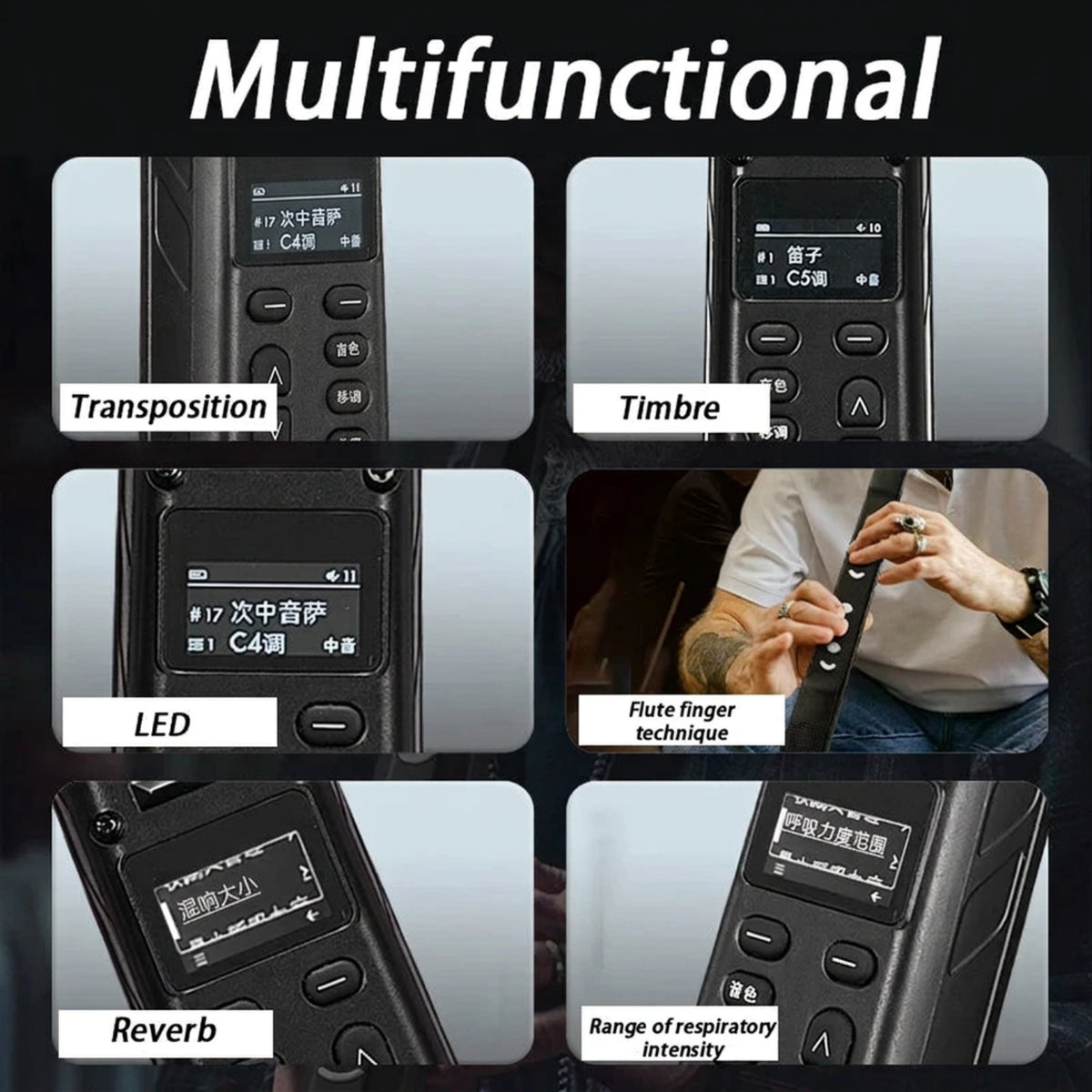 Feature panels showing the digital wind instrument transposition, tone, display, fingering, reverb and breath-response controls