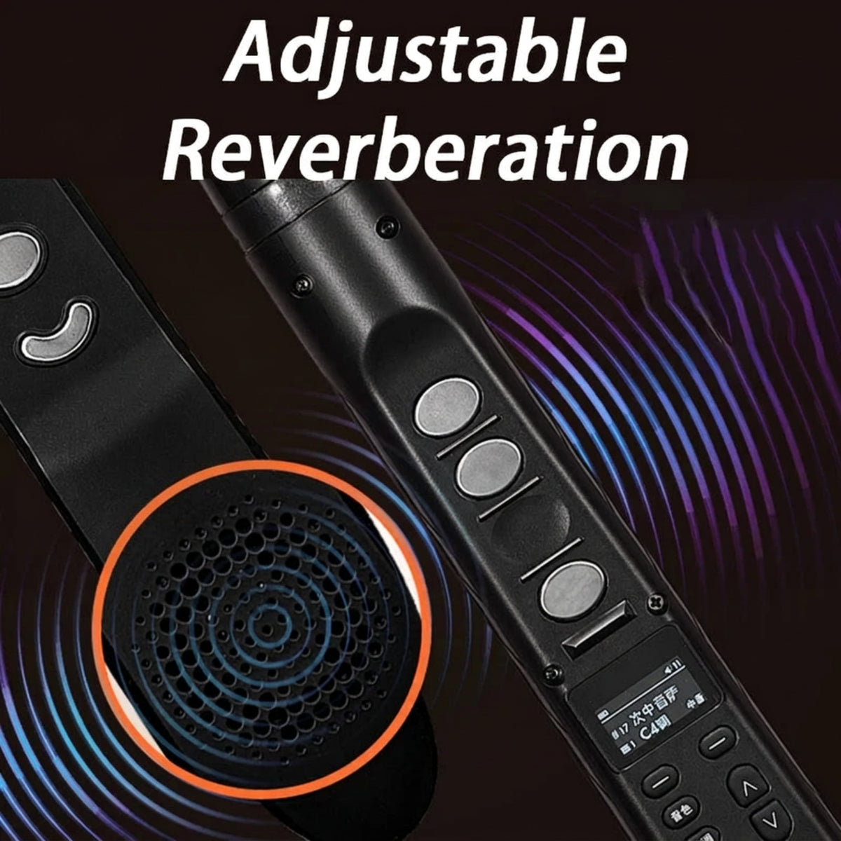 Detail of the digital wind instrument speaker grille, rear controls and adjustable reverb illustration