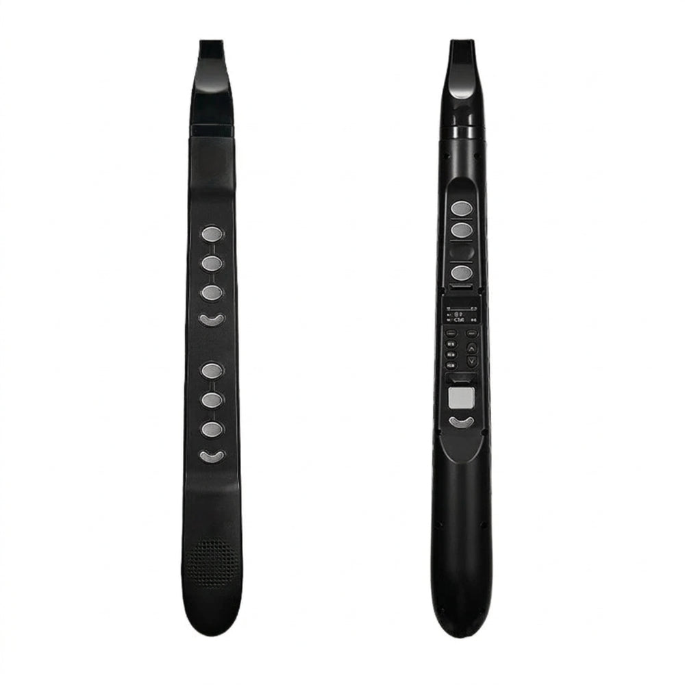 Front and rear views of the black digital wind instrument on a white background; one instrument is included