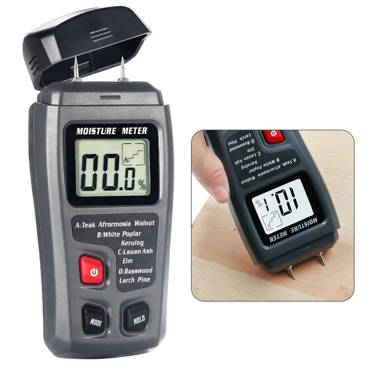 Front view of the wood moisture meter with its protective cap removed to show the two contact pins.