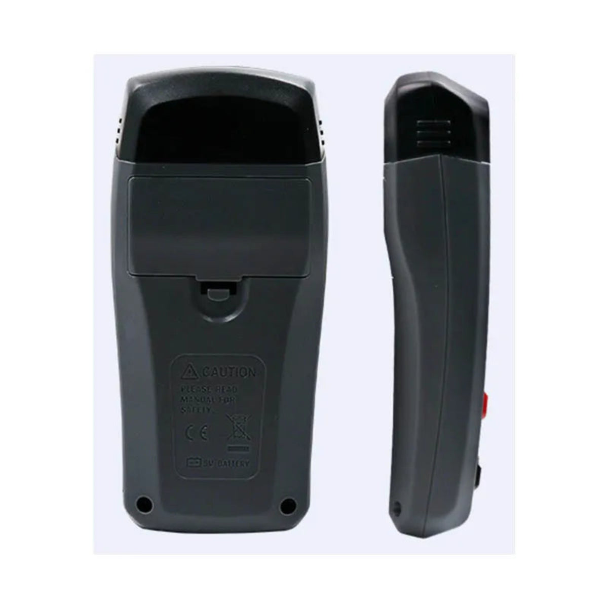 Rear and side views of the wood moisture meter showing the battery cover and protective pin cap.