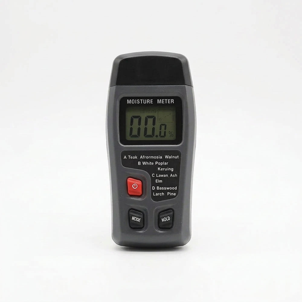 Digital wood moisture meter with protective pin cap and LCD percentage display on a white background.