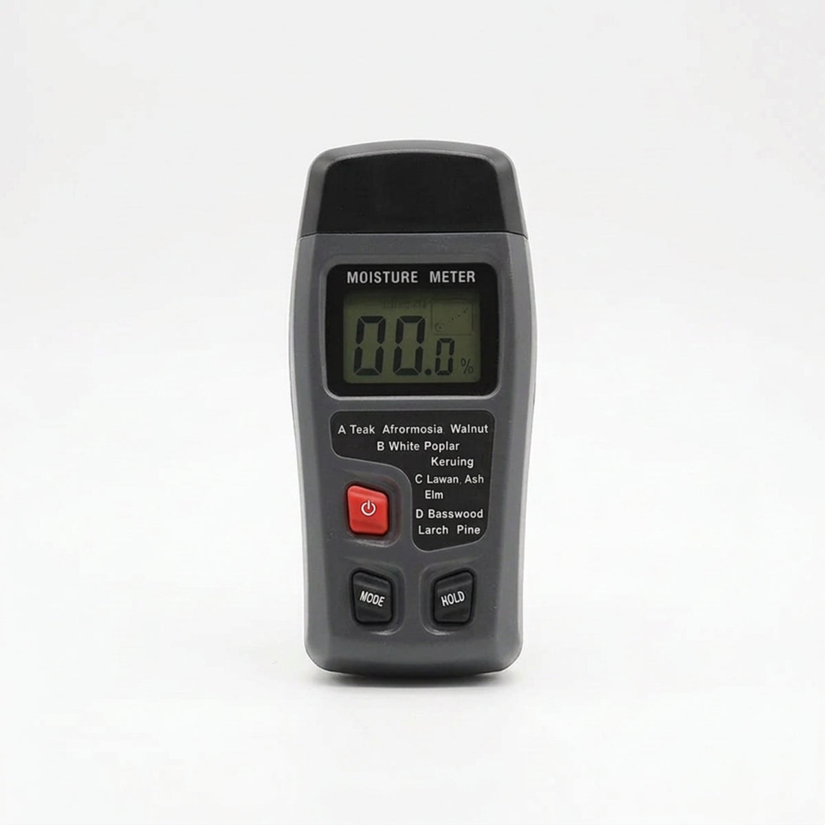 Digital wood moisture meter with protective pin cap and LCD percentage display on a white background.