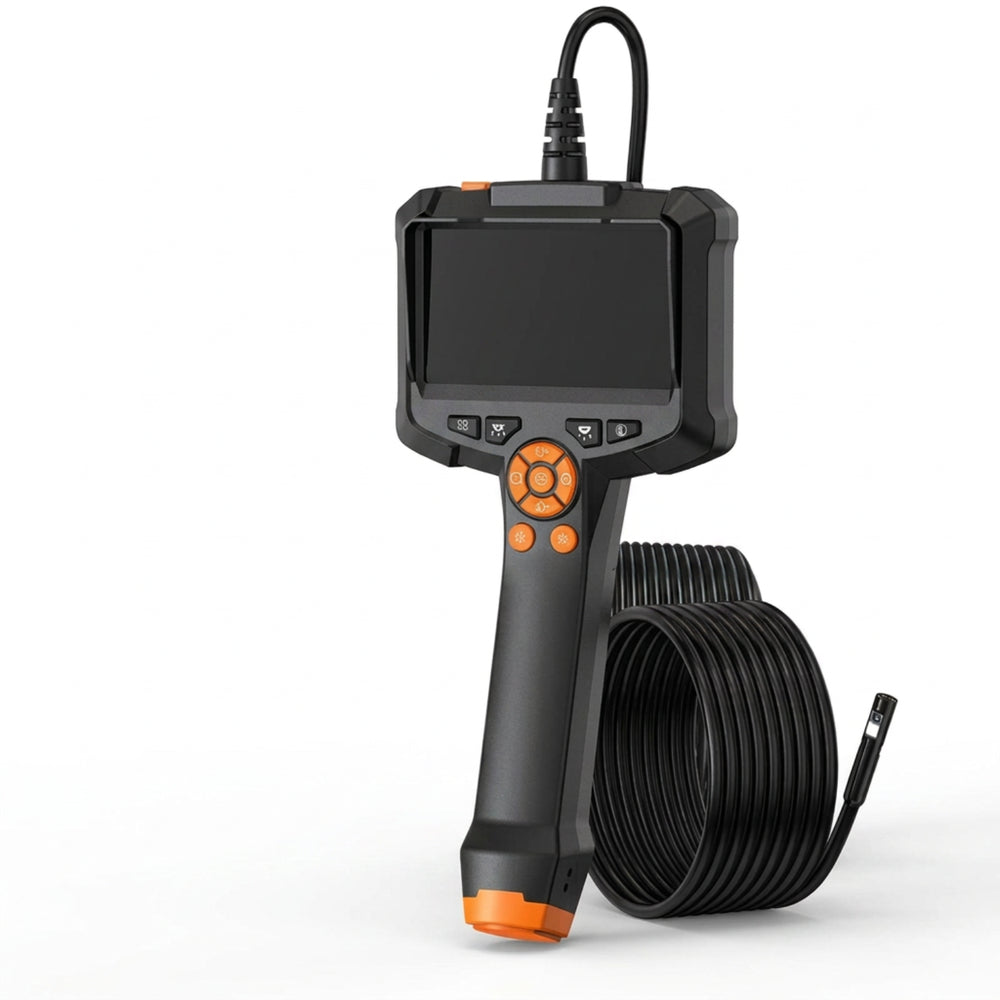 Black and orange dual-lens inspection camera with 4.3-inch screen and coiled 5-metre cable on a white background.