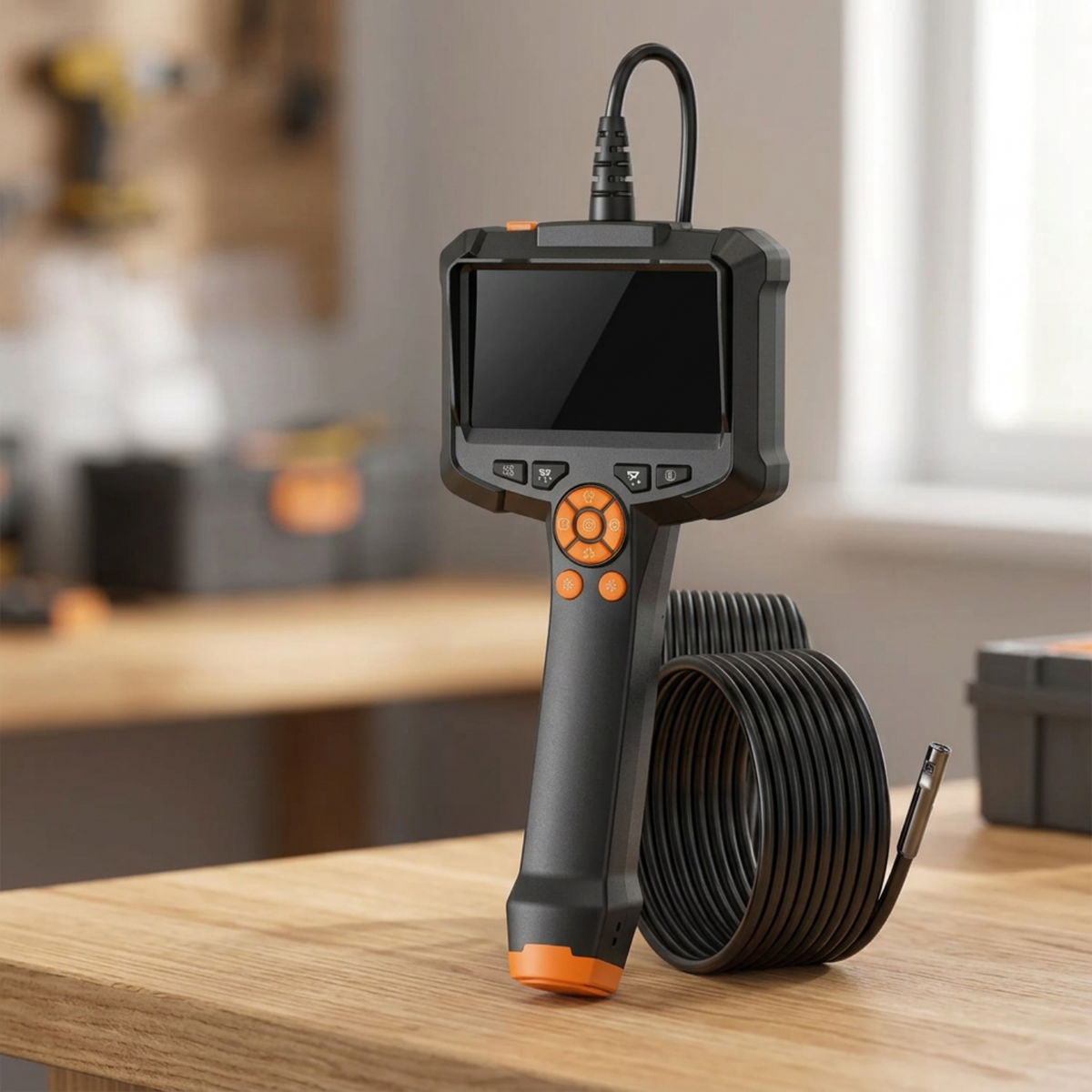 Dual-lens inspection camera and coiled cable on a wooden workshop bench.
