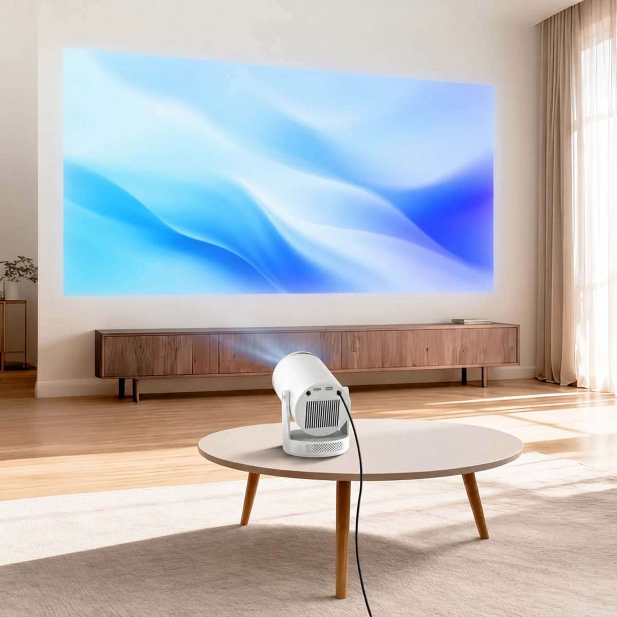 Full HD smart projector with adjustable stand in a modern living room, projecting an abstract blue image.