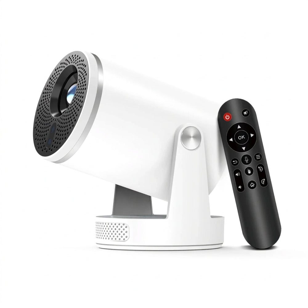 White Full HD 1080p smart projector with adjustable stand and remote control on a white background.