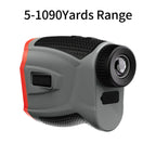 Side view of the rechargeable golf rangefinder showing its adjustable eyepiece and covered USB-C charging port