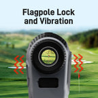 Illustration of the rangefinder flag-lock view and vibration feedback on a golf course