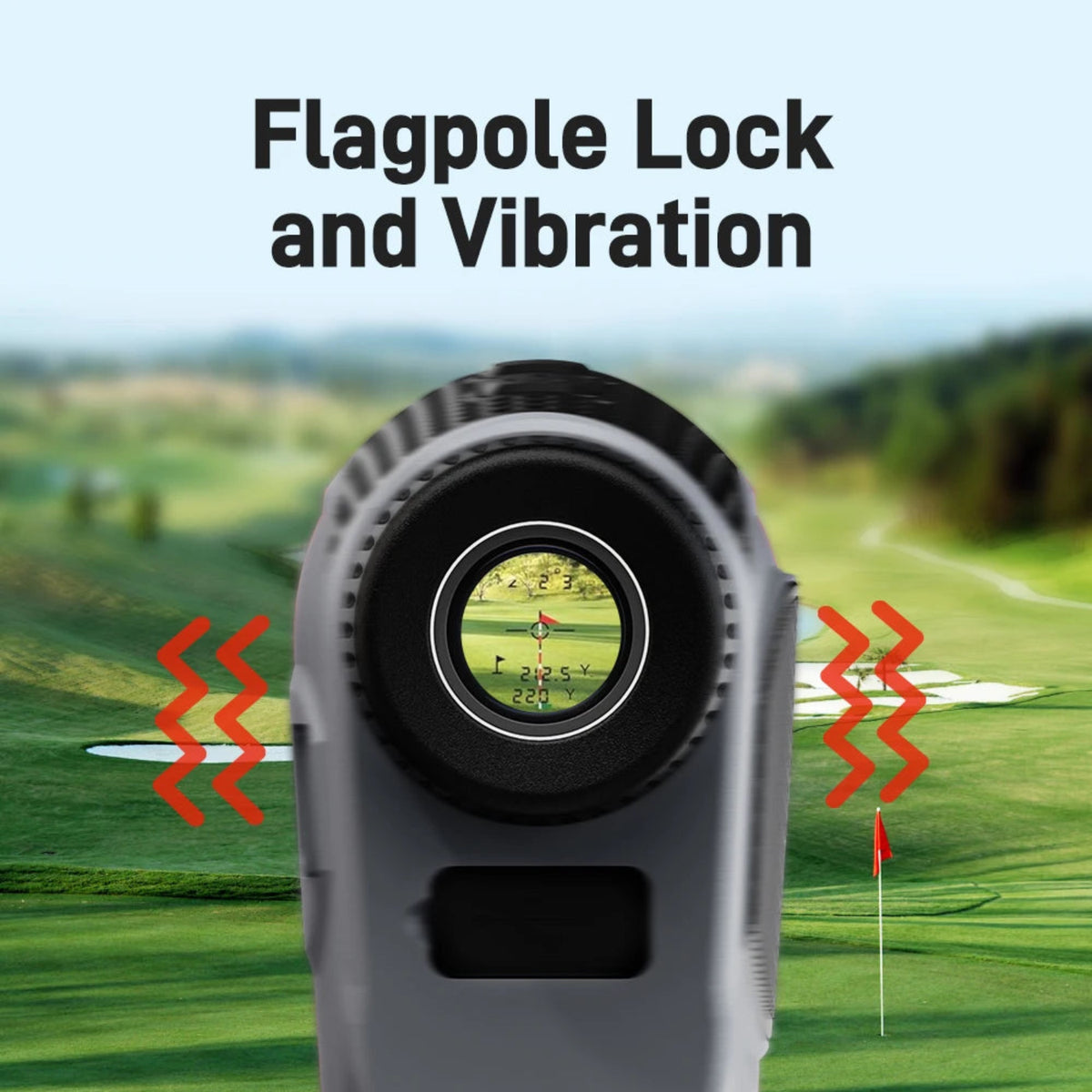 Illustration of the rangefinder flag-lock view and vibration feedback on a golf course