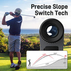 Illustration of slope-adjusted golf distance measurement with the rangefinder; golfer and course are illustrative