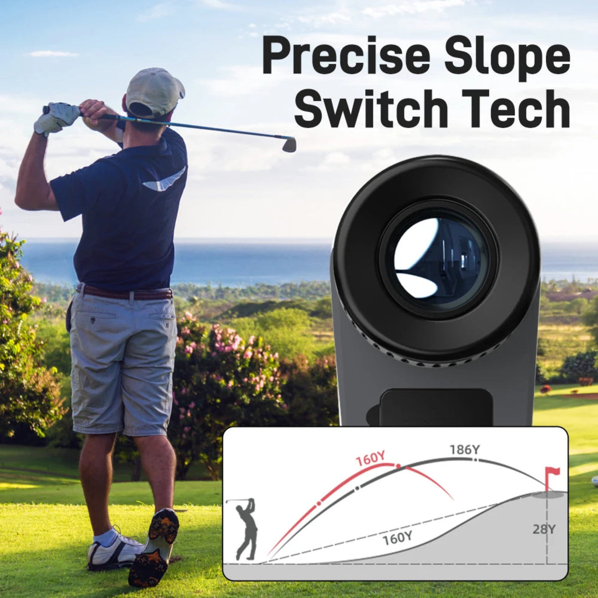 Illustration of slope-adjusted golf distance measurement with the rangefinder; golfer and course are illustrative