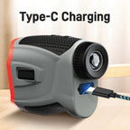 USB-C charging connection on the grey and red rechargeable golf rangefinder; charging cable shown for illustration