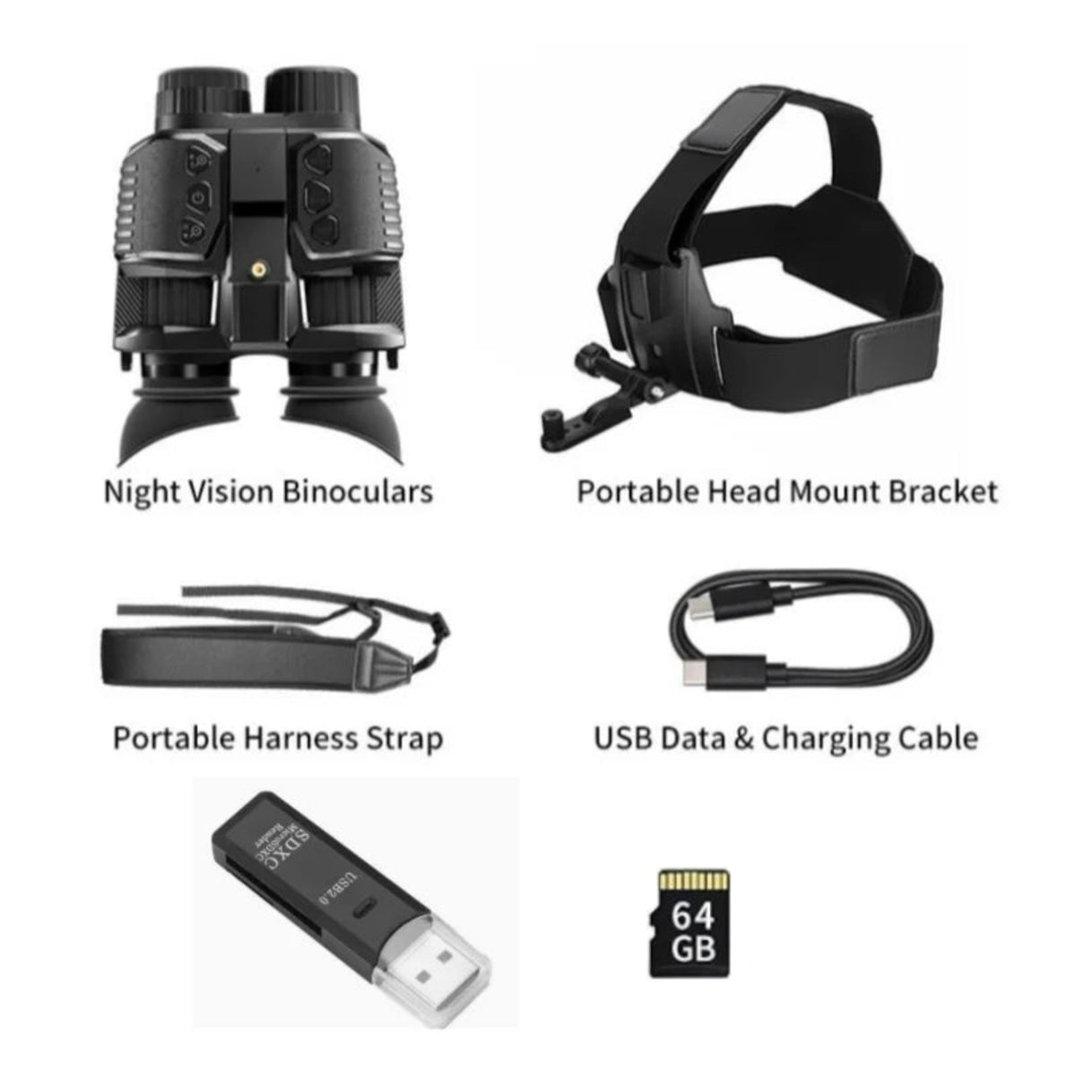 Complete supplied kit: digital night-vision goggles, adjustable head mount, wrist strap, USB cable, USB card reader and 64GB microSD card.