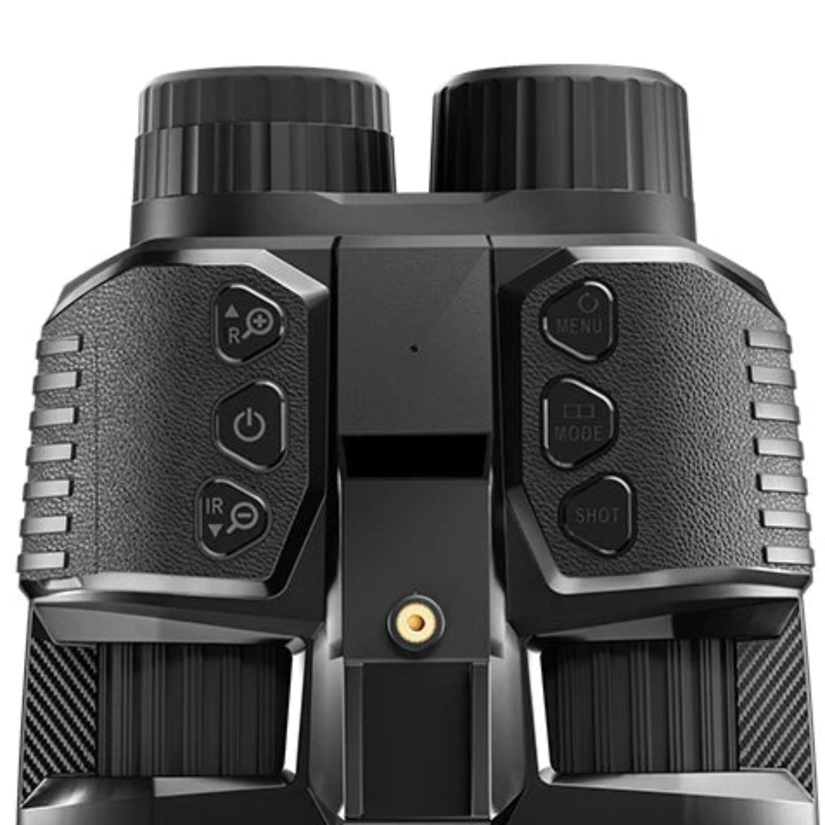 Top view showing the six control buttons, central mounting rail, focus rings and eyepiece adjustment rings.