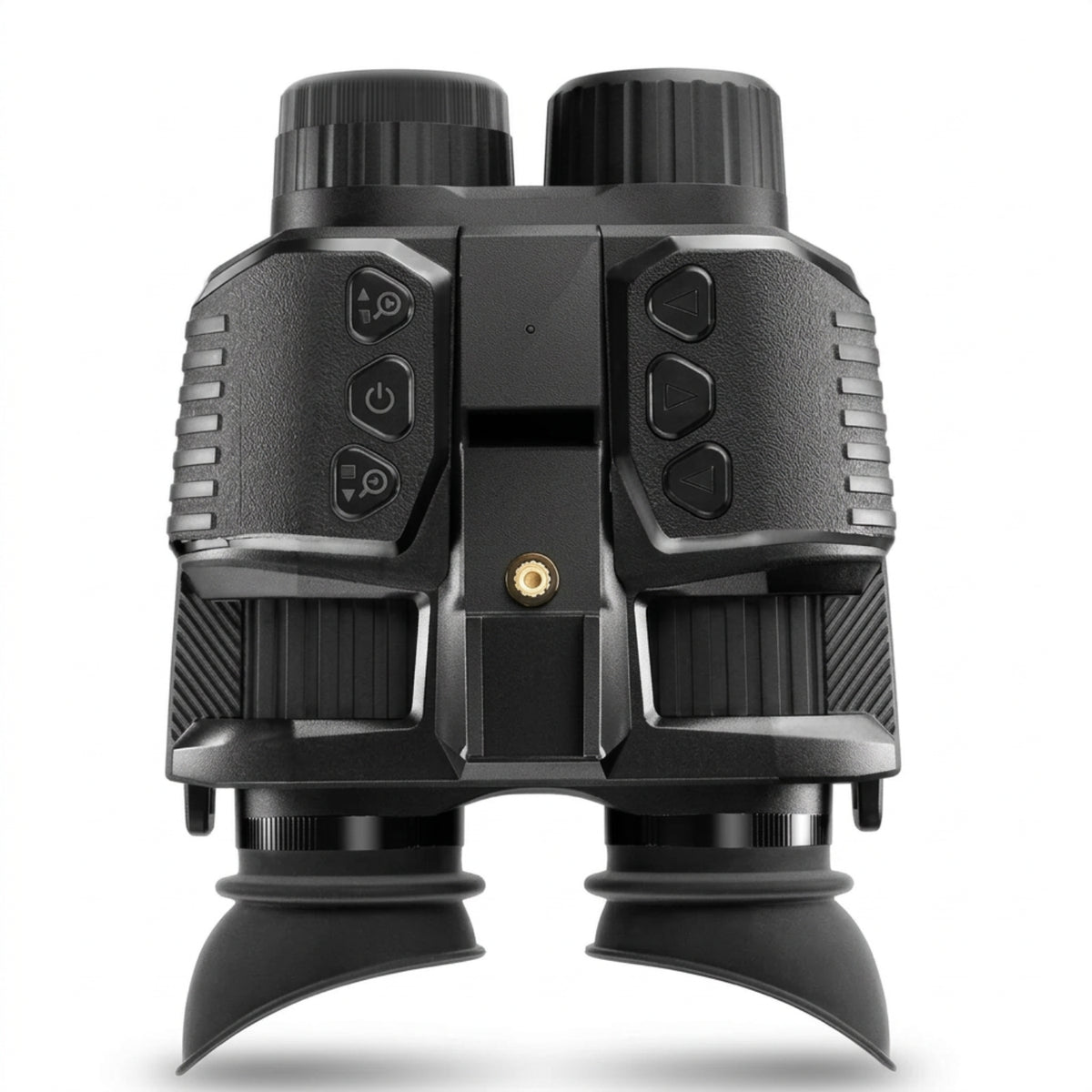 Complete top view of the goggles, showing both eyecups, focus wheels, six controls and central mounting rail on white.