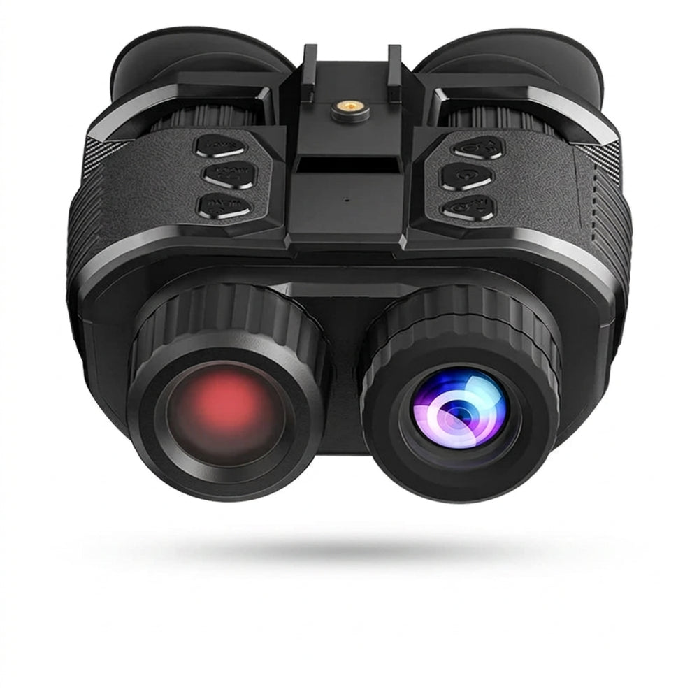 Digital night-vision goggles with dual eyecups, focus rings, six top controls and central mounting rail on white.