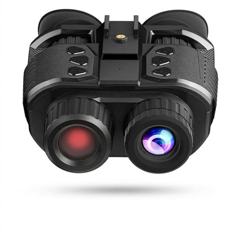 Digital night-vision goggles with dual eyecups, focus rings, six top controls and central mounting rail on white.