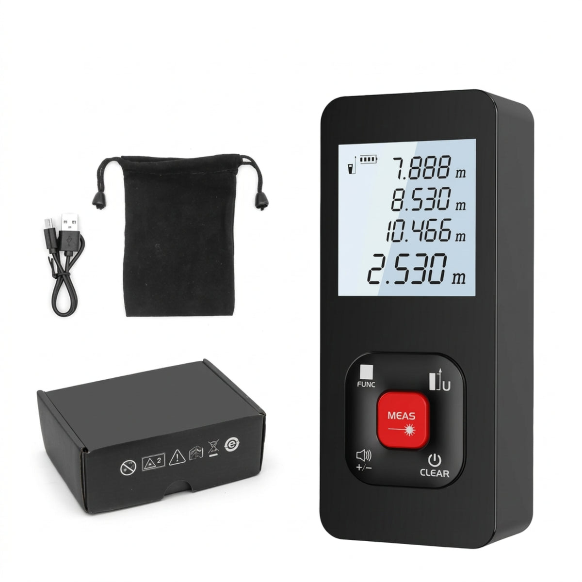 100m laser distance meter with USB charging cable, soft pouch and product box on white