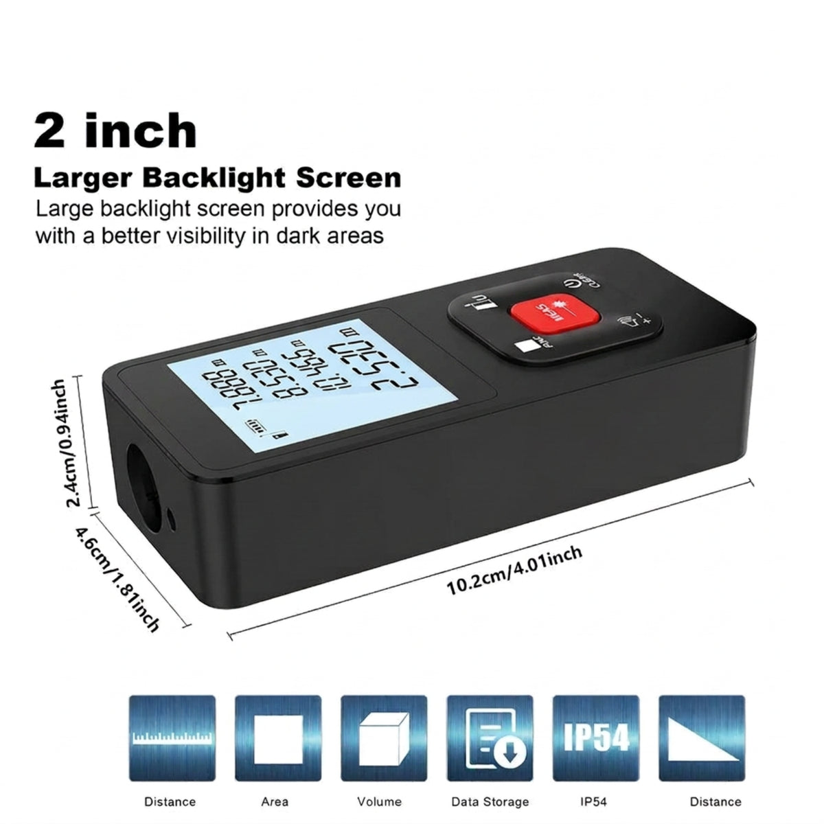 Laser distance meter dimensions of 10.2 by 4.6 by 2.4 centimetres with its original display and controls