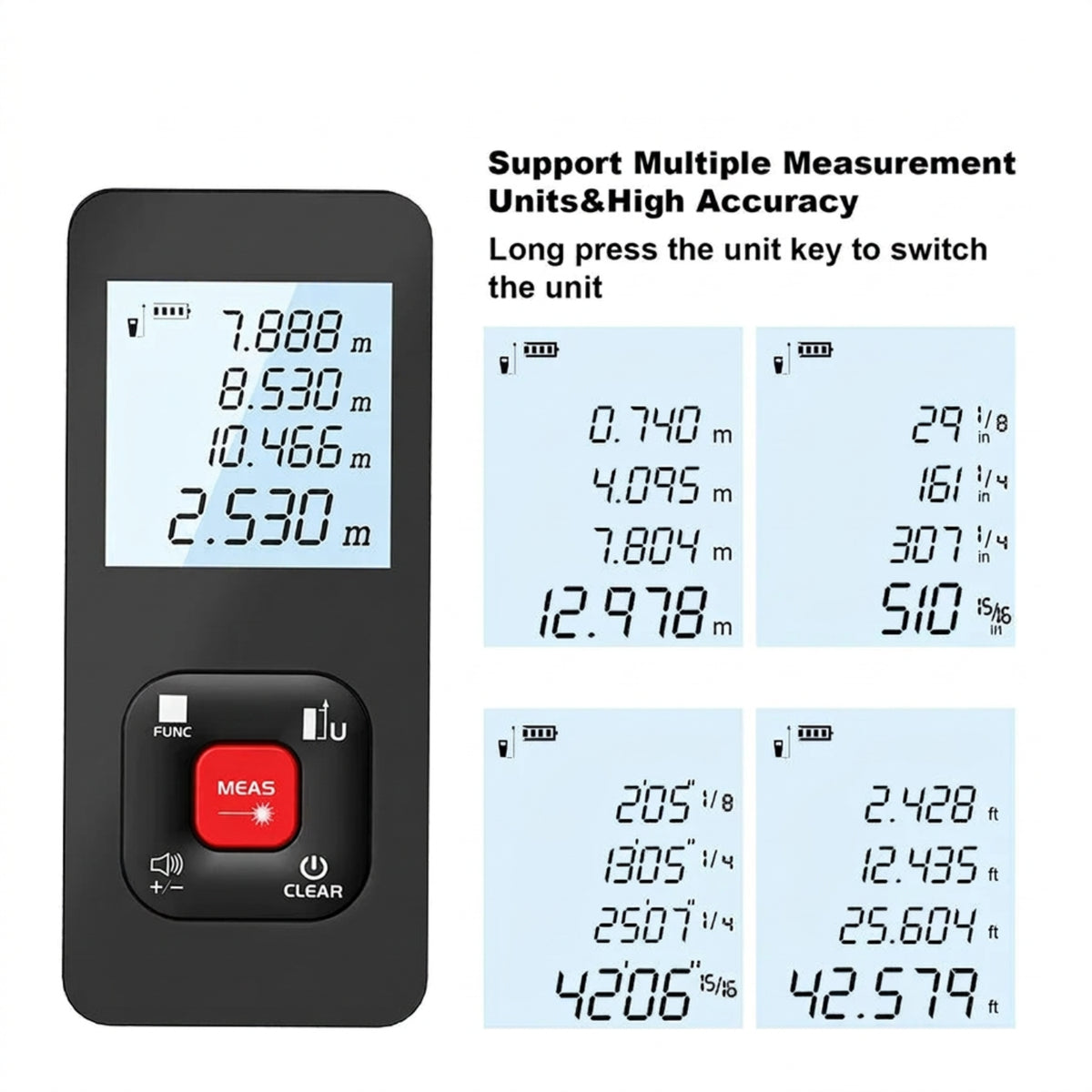 Illustration of the laser distance meter display with selectable metric and imperial measurement units