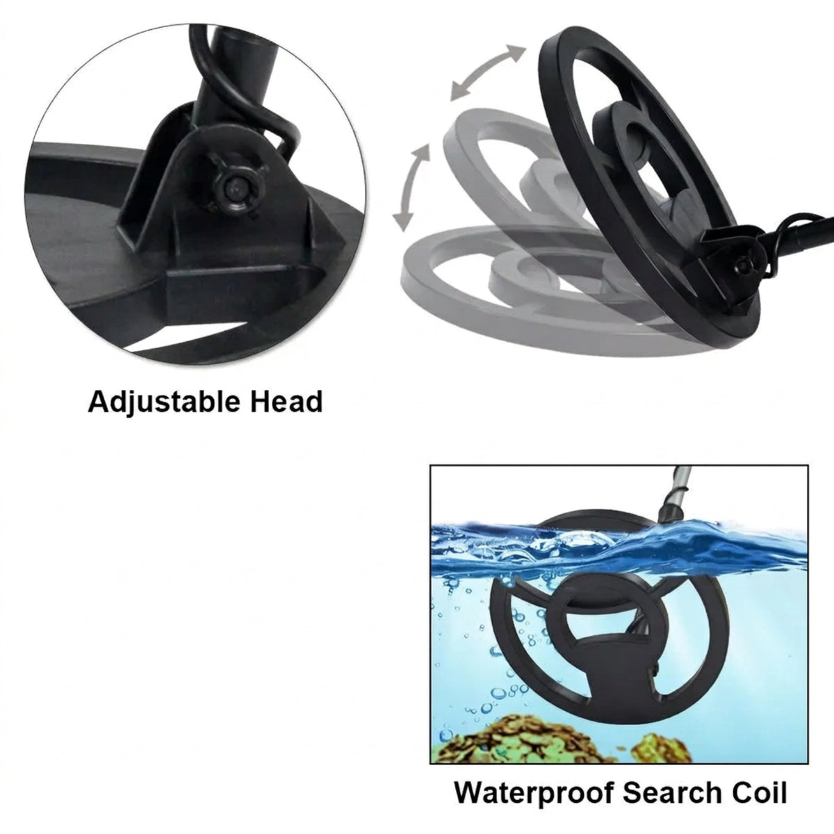 Search coil adjustment joint and illustrative shallow-water use of the coil; the control housing must remain dry