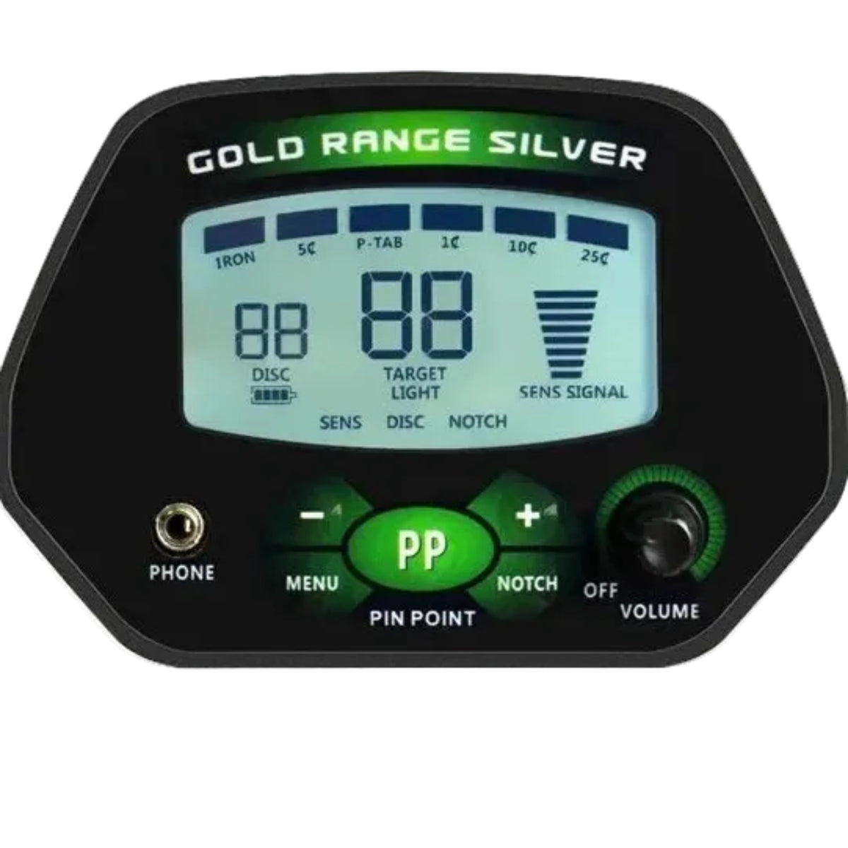 Close-up of the actual LCD target display, pinpoint button, menu controls, headphone socket and volume dial