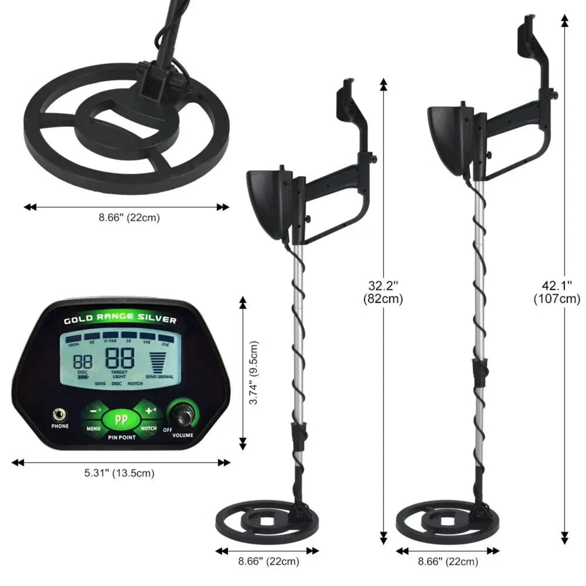 Metal detector dimensions showing its adjustable shaft length, approximate 22 cm search coil and LCD control-panel size