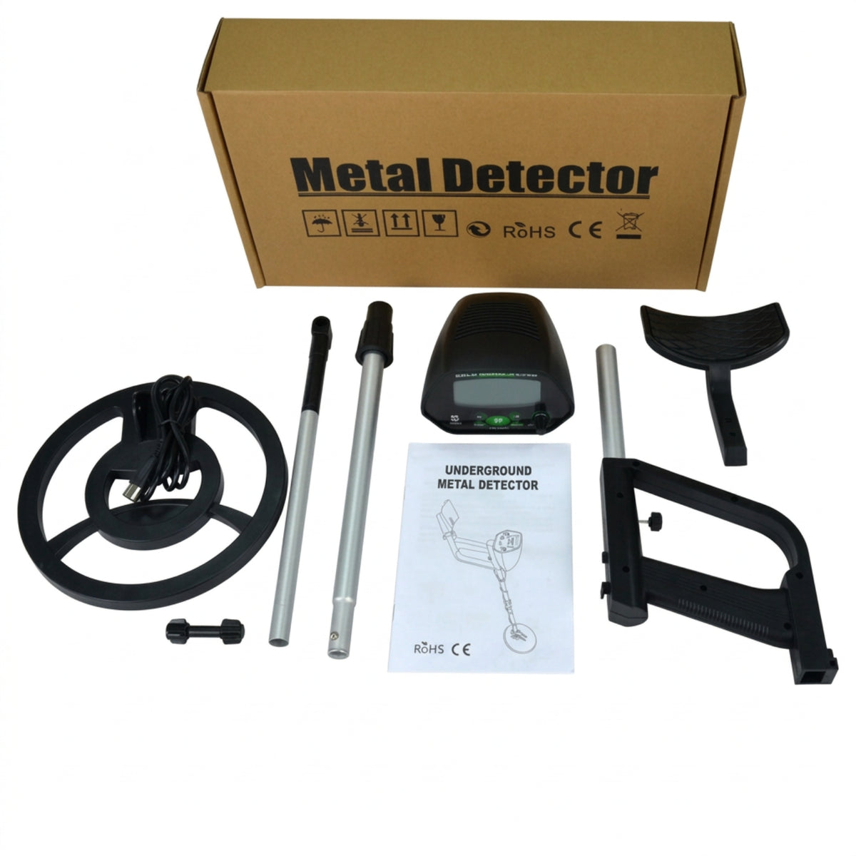 Metal detector assembly kit with circular search coil, shafts, control housing, grip, arm support, fitting bolt, instructions and packaging