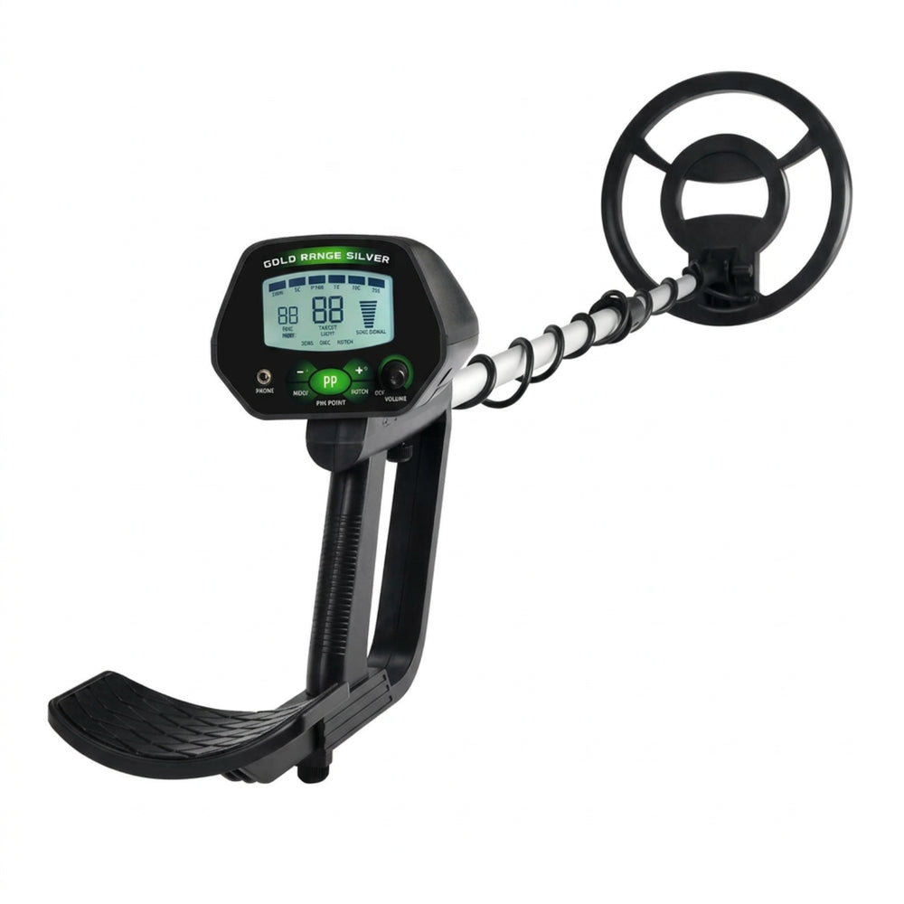 Complete LCD metal detector with circular search coil, adjustable shaft, green controls and arm support on a white background