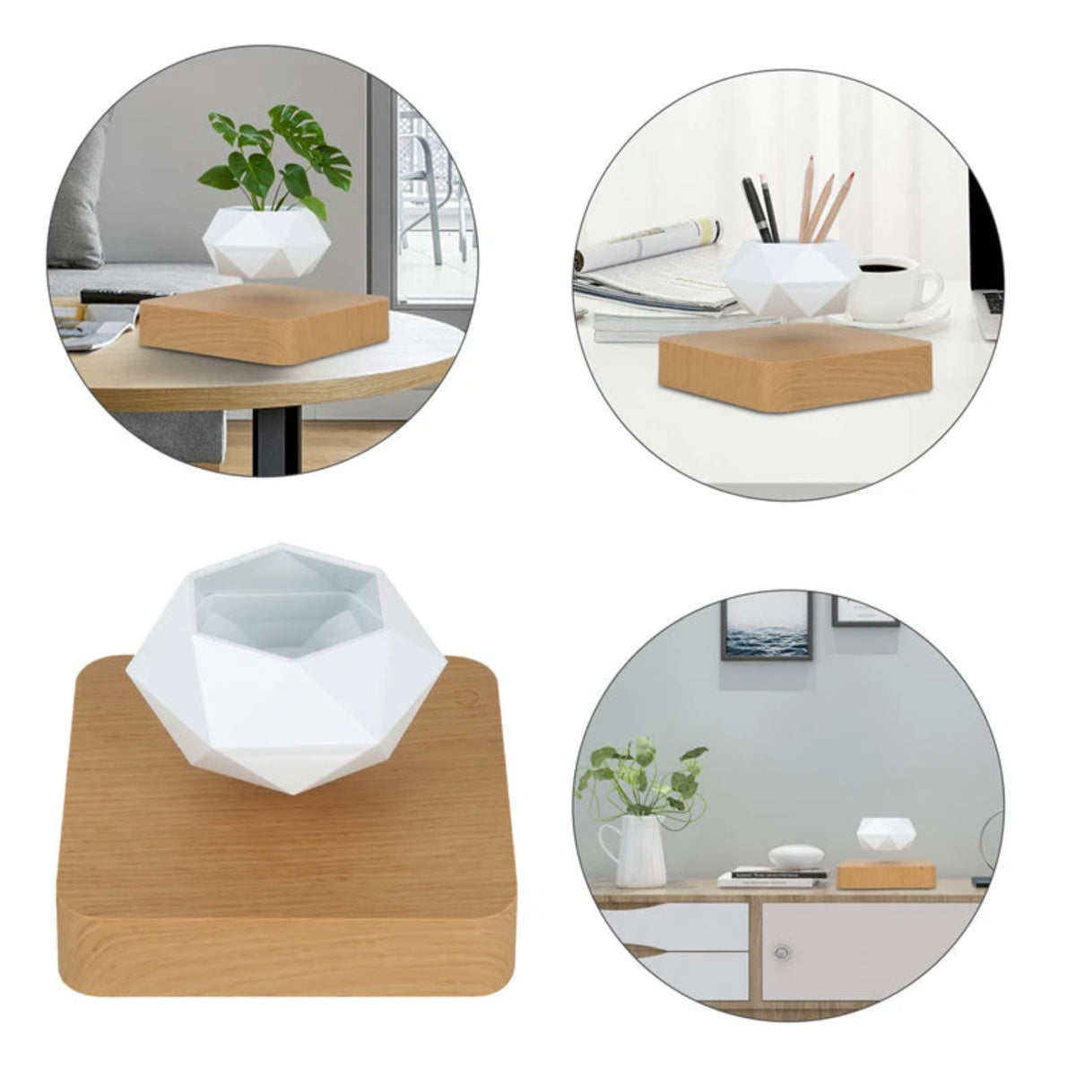 Styling illustrations and an overhead view of the white faceted planter with its light wood-effect base; plants, pens and room accessories are not included