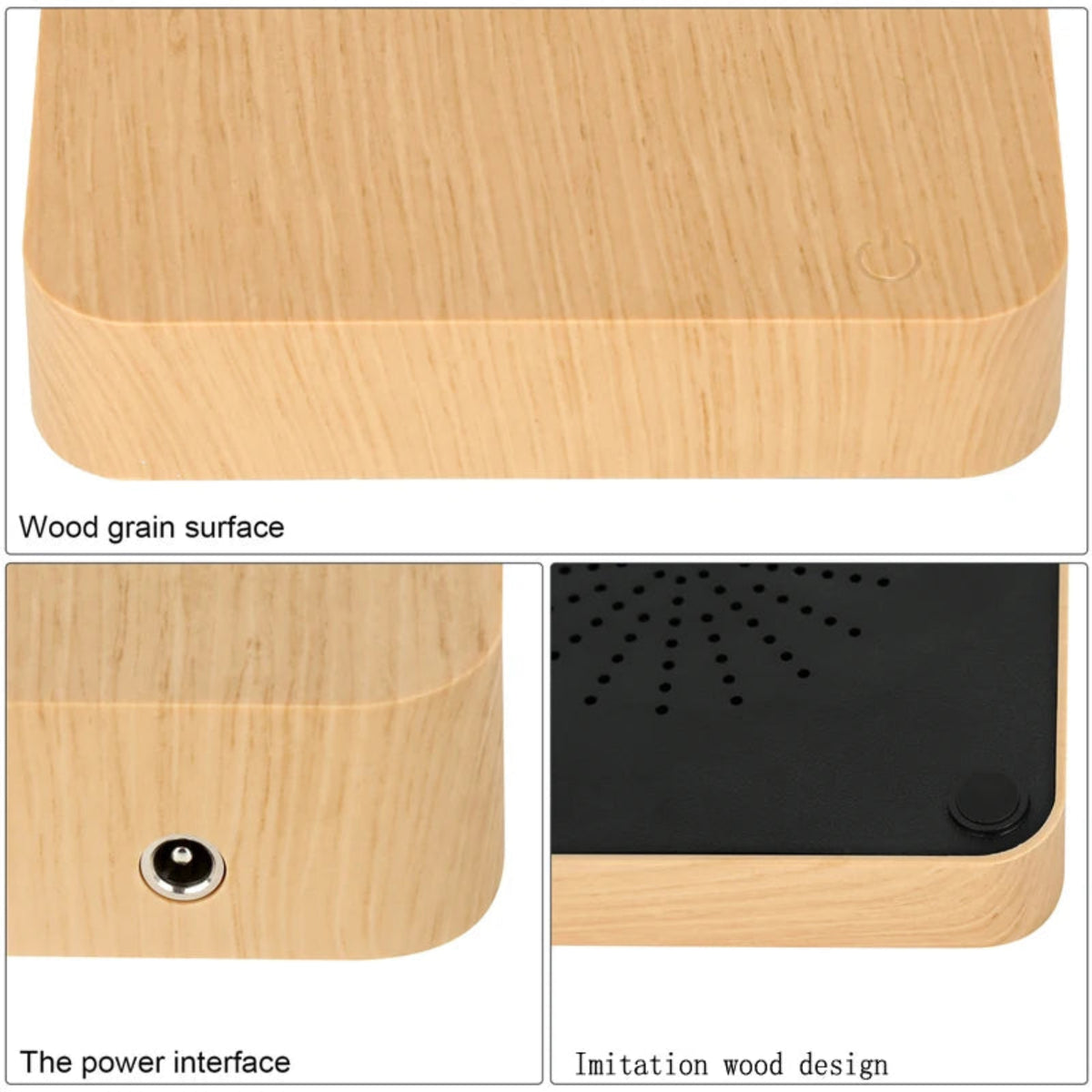 Details of the light wood-effect ABS base, decorative circular marking, power socket and underside