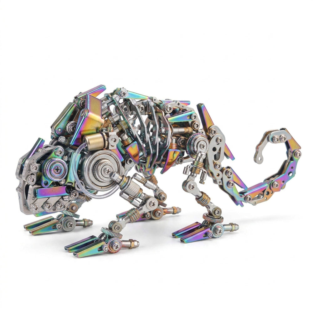 Assembled 745-piece mechanical chameleon metal model with multicoloured plates and curled tail on a white background